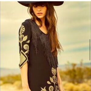 Spell Black Mini Dress with Cream Embroidery